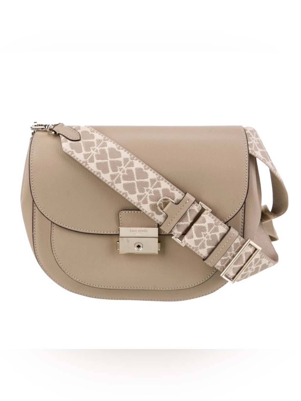 kate spade taupe leather saddle bag with patterned beige strap